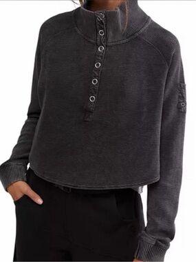 Free People Movement Cropped Ribbed Henley Pullover Sweater Top- Charcoal